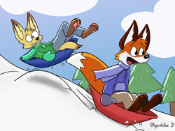Size: 1024x768 | Tagged: safe, artist:geekfox, oc, oc only, canine, fennec fox, fox, mammal, red fox, anthro, barefoot, duo, duo male, male, males only, snow, winter