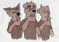 Size: 1280x908 | Tagged: safe, artist:spicysamur, canine, dog, mammal, anthro, 2021, black nose, clothes, container, cup, digital art, drink, ears, food, fur, glasses, group, hair, ice cream, ice cream cone, licking, male, monochrome, round glasses, sepia, shirt, simple background, tongue, tongue out, topwear, trio, white background