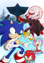 Size: 1408x2048 | Tagged: safe, artist:branflakes, amy rose (sonic), knuckles the echidna (sonic), miles "tails" prower (sonic), sonic the hedgehog (sonic), canine, echidna, fictional species, fox, hedgehog, human, mammal, monotreme, red fox, anthro, humanoid, sega, sonic frontiers, sonic the hedgehog (series), female, hologram, male, sage (sonic)