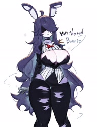 Size: 1599x2094 | Tagged: safe, artist:toge77789, bonnie (fnaf), animatronic, fictional species, lagomorph, mammal, rabbit, robot, anthro, five nights at freddy's, 2023, big breasts, blindfold, breasts, digital art, ears, eyelashes, female, hair, pose, simple background, solo, solo female, tail, thighs, wide hips