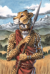 Size: 929x1350 | Tagged: safe, artist:0laffson, cheetah, feline, mammal, anthro, brown eyes, clothes, ears, fur, jewelry, male, mountain, necklace, outdoors, solo, solo male, spear, spots, spotted fur, standing, tan body, tan fur, traditional art, weapon