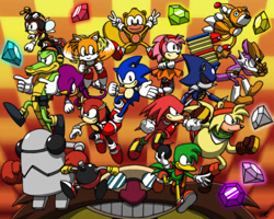 Size: 830x665 | Tagged: safe, artist:tigerfog, amy rose (sonic), bark the polar bear (sonic), bean the dynamite (sonic), bomb (sonic), charmy bee (sonic), classic amy, classic knuckles, classic sonic, classic tails, doctor eggman (sonic), espio the chameleon (sonic), fang the sniper (sonic), heavy the robot (sonic), knuckles the echidna (sonic), metal sonic (sonic), mighty the armadillo (sonic), miles "tails" prower (sonic), ray the flying squirrel (sonic), sonic the hedgehog (sonic), tails doll (sonic), vector the crocodile (sonic), armadillo, arthropod, bear, bee, bird, canine, chameleon, crocodile, crocodilian, duck, echidna, fictional species, flying squirrel, fox, hedgehog, human, insect, lizard, mammal, monotreme, mustelid, polar bear, red fox, reptile, robot, rodent, squirrel, waterfowl, weasel, anthro, knuckles' chaotix, sega, sonic the hedgehog (series), 2011, antennae, chaos emerald, classic charmy, classic espio, classic mighty, classic ray, classic vector, clothes, female, gesture, gloves, group, male, multiple tails, mustache, peace sign, piko piko hammer, shoes, smiling, tail, two tails, wings