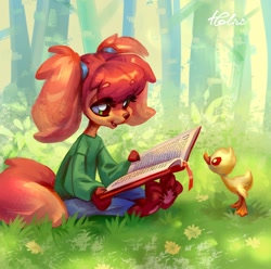 Size: 1280x1272 | Tagged: safe, artist:holivi, bird, canine, dog, duck, mammal, waterfowl, anthro, feral, 2019, 2d, ambiguous gender, bird feet, book, cottagecore, cute, duo, eye through hair, feathers, female, flower, fur, grass, green eyes, hair, hairband, holding, holding book, holding object, orange body, orange fur, orange hair, plant, reading, signature, sitting, smiling, standing, tree, yellow feathers, young