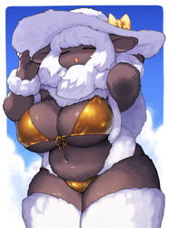 Size: 1337x1800 | Tagged: safe, artist:kishibe_, bovid, caprine, mammal, sheep, anthro, bikini, breasts, clothes, female, fluff, gold bikini, hat, headwear, huge breasts, neck fluff, solo, solo female, sun hat, swimsuit, thick thighs, thighs, wide hips