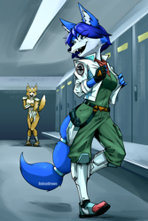 Size: 720x1080 | Tagged: safe, artist:roksodraws, fox mccloud (star fox), krystal (star fox), canine, fox, mammal, anthro, nintendo, star fox, 2023, black nose, boots, bottomwear, breasts, butt, clothes, clothing swap, covering breasts, covering crotch, crossdressing, digital art, duo, duo male and female, ears, embarrassed, eyelashes, female, fur, hair, indoors, jacket, locker room, loincloth, male, pants, pose, shirt, shoes, shoulder pads, tail, thighs, topwear, vixen, wide hips