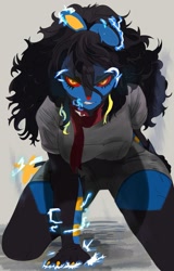 Size: 1311x2048 | Tagged: safe, artist:noaltessa, fictional species, luxray, mammal, anthro, nintendo, pokémon, 2023, black nose, bottomwear, breasts, clothes, colored sclera, digital art, ears, eyelashes, female, fur, hair, looking at you, pose, red sclera, shirt, shorts, simple background, solo, solo female, tail, thighs, topwear, wide hips
