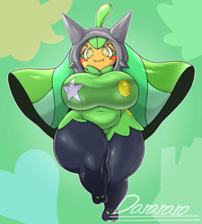 Size: 1846x2048 | Tagged: suggestive, artist:pb7z19rlukdnjld, fictional species, anthro, digitigrade anthro, nintendo, pokémon, spoiler:pokémon gen 9, spoiler:pokémon scarlet and violet, 2023, big breasts, breasts, clothes, digital art, ears, eyelashes, female, looking at you, nipple outline, ogerpon, pose, solo, solo female, starry eyes, tail, thighs, wide hips, wingding eyes