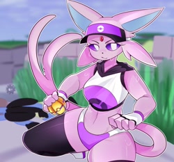 Size: 2000x1865 | Tagged: safe, artist:metsumetsu22, eeveelution, espeon, fictional species, mammal, anthro, nintendo, pokémon, 2023, black nose, breasts, cap, clothes, colored sclera, crop top, digital art, ears, eyelashes, female, fingerless gloves, fur, gloves, hair, hat, headwear, legwear, looking at you, pokémon unite, pose, purple sclera, solo, solo female, sports bra, sports panties, squatting, stockings, tail, thighs, topwear, wide hips