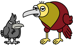 Size: 1232x757 | Tagged: safe, artist:enzothemii, kasuke (rhythm heaven), kosuke (rhythm heaven), bird, bird of prey, corvid, crow, songbird, vulture, semi-anthro, nintendo, rhythm heaven, claws, duo, duo male, feathered wings, feathers, male, males only, open mouth, simple background, tail, talons, transparent background, wings