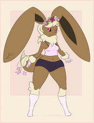 Size: 827x1074 | Tagged: safe, artist:shifter-eternal, eevee, eeveelution, fictional species, lopunny, mammal, nintendo, pokémon, belly button, black sclera, blonde hair, bottomwear, brown body, brown fur, clothes, colored sclera, crop top, female, flower, flower in hair, fur, fusion, hair, hair accessory, huge ears, huge hips, midriff, pink eyes, plant, short shorts, shorts, solo, solo female, topwear, white stockings
