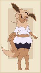 Size: 677x1200 | Tagged: safe, artist:shifter-eternal, oc, oc only, eevee, eeveelution, fictional species, mammal, anthro, nintendo, pokémon, barefoot, belly button, bottomwear, brown body, brown fur, brown hair, clothes, crop top, cropped shirt, female, fur, hair, midriff, shorts, solo, solo female, topwear, wide hips