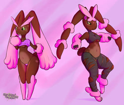 Size: 971x823 | Tagged: suggestive, artist:shifter-eternal, fictional species, lopunny, mammal, shiny pokémon, nintendo, pokémon, belly button, black sclera, breasts, brown body, brown fur, clothes, colored sclera, crop top, cropped shirt, duo, duo female, female, females only, fur, green eyes, midriff, panties, pants, pink panties, pink shirt, ripped pants, thick thighs, thighs, topwear, torn clothes, underboob, underwear, wide