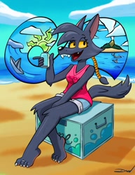 Size: 695x900 | Tagged: safe, artist:toondraw, oc, oc only, oc:dafne lupia (fox-popvli), canine, mammal, wolf, anthro, barefoot, beach, black body, black fur, bottomwear, can, claws, clothes, container, ears, feet, female, fur, looking at you, ocean, open mouth, outdoors, paws, sand, shorts, signature, sitting, solo, solo female, tail, tank top, toe ring, topwear, water