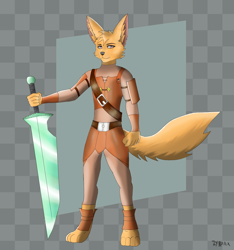 Size: 1800x1920 | Tagged: safe, artist:zyroax, canine, fennec fox, fox, mammal, anthro, amber eyes, armor, belt, brown eyes, clothes, digital art, ears, fur, looking at you, male, paws, signature, solo, solo male, standing, sword, tail, tan body, tan fur, weapon, wristband