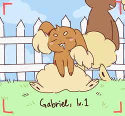 Size: 500x463 | Tagged: safe, artist:asklopunny, buneary, fictional species, feral, nintendo, pokémon, 2016, ambiguous gender, blue sky, drooling, duo, fence, grass, low res, saliva, sitting