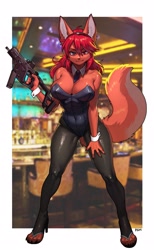 Size: 1567x2542 | Tagged: safe, artist:pgm300, oc, oc only, canine, mammal, wolf, anthro, digitigrade anthro, 2023, big breasts, blue eyes, breasts, brown body, brown fur, bunny suit, cleavage, clothes, detailed background, digital art, ears, eyelashes, female, fur, gun, hair, heterochromia, high heels, holding, legwear, leotard, looking at you, necktie, open toe footwear, paws, pose, red eyes, red hair, rifle, shoes, solo, solo female, stockings, strapless, tail, thighs, toeless legwear, toeless stockings, weapon, wide hips, wrist cuff