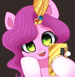Size: 1380x1416 | Tagged: safe, artist:jaanhavi, pipp petals (mlp), equine, fictional species, mammal, pegasus, pony, feral, hasbro, my little pony, my little pony g5, spoiler:my little pony g5, 2023, cell phone, circlet, female, hair, mane, mare, phone, pink body, pink hair, pink mane, simple background, solo, solo female