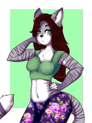 Size: 827x1104 | Tagged: safe, artist:feroojaws, oc, oc only, big cat, feline, mammal, tiger, anthro, belly button, brown hair, clothes, commission, crop top, cropped shirt, female, floral print, fur, green eyes, green shirt, hair, hand on hip, long hair, midriff, pants, solo, solo female, striped fur, tail, tiger stripes, tight clothing, topwear, white tiger, yoga pants