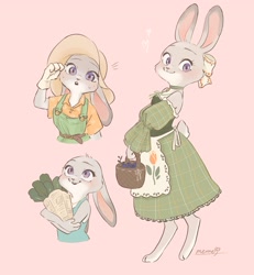 Size: 2362x2561 | Tagged: safe, artist:penpen_disney, judy hopps (zootopia), lagomorph, mammal, rabbit, anthro, disney, zootopia, 2d, basket, blueberry, bottomwear, bow, carrot, choker, clothes, container, cottagecore, cute, dress, ears laid back, female, food, hat, headwear, heart, jewelry, looking at you, necklace, newspaper, simple background, smiling, smiling at you, sun hat, suspenders, sweat, tank top, topwear, vegetables