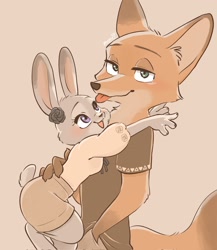 Size: 1774x2048 | Tagged: safe, artist:penpen_disney, judy hopps (zootopia), nick wilde (zootopia), canine, fox, lagomorph, mammal, rabbit, red fox, anthro, disney, zootopia, 2d, blushing, bottomwear, clothes, duo, duo male and female, female, flower, flower in hair, hair, hair accessory, hand in pocket, hug, lidded eyes, looking at you, male, plant, shirt, shorts, smiling, tongue, tongue out, topwear