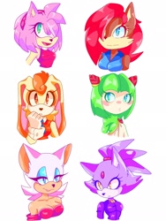 Size: 1536x2048 | Tagged: safe, artist:pinkstiches, amy rose (sonic), blaze the cat (sonic), cosmo (sonic), cream the rabbit (sonic), princess sally acorn (sonic), rouge the bat (sonic), bat, cat, feline, fictional species, hedgehog, lagomorph, mammal, rabbit, rodent, seedrian (sonic), squirrel, anthro, humanoid, archie sonic the hedgehog, sega, sonic the hedgehog (series), sonic x, 2d, blue eyes, breasts, brown body, brown fur, bust, clothes, cream body, cream fur, female, females only, fur, gloves, green eyes, green hair, group, hair, hairband, open mouth, orange eyes, orange hair, pink body, pink fur, purple body, purple fur, red hair, simple background, white background, white body, white fur, yellow eyes