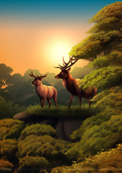 Size: 848x1200 | Tagged: safe, artist:dakarai, bambi (bambi), the great prince of the forest (bambi), cervid, deer, mammal, feral, bambi (film), disney, antlers, buck, dad, duo, duo male, father, father and child, father and son, forest, grass, hill, hills, male, males only, plant, son, sunset, tree