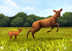 Size: 1280x906 | Tagged: safe, artist:dakarai, bambi (bambi), bambi's mother (bambi), cervid, deer, mammal, feral, bambi (film), disney, duo, fawn, female, grass, grass field, male, meadow, mom, mother, mother and child, mother and son, running, son, young