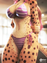 Size: 1662x2217 | Tagged: suggestive, artist:zorryn, oc, oc only, oc:alexandra (velocitycat), cheetah, feline, mammal, anthro, 2023, 3d, arm under breasts, bikini, blender, breasts, cameltoe, clothes, commission, digital art, ears, faceless female, female, fur, hair, nipple outline, offscreen character, solo, solo female, swimsuit, tail, thighs, wide hips