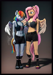 Size: 4000x5656 | Tagged: safe, artist:imafutureguitarhero, fluttershy (mlp), rainbow dash (mlp), equine, fictional species, mammal, pegasus, pony, anthro, unguligrade anthro, friendship is magic, hasbro, my little pony, 2023, abs, absurd resolution, adidas, anthrofied, arm fluff, belly button, belt, boots, border, bottomwear, bra, breast envy, breast size difference, breasts, cheek fluff, chest fluff, chin fluff, chromatic aberration, cleavage, cleavage fluff, clothes, colored eyebrows, colored eyelashes, colored wings, crop top bra, cute, cute little fangs, duo, duo female, ear fluff, ear freckles, elbow fluff, fangs, feathered wings, feathers, female, female/female, females only, film grain, fluff, fluffy hair, fluffy mane, flutterdash, freckles, freckleshy, fur, hair, hands behind back, height difference, hoof fluff, hooves, leather, leather boots, leg fluff, leg freckles, long hair, long mane, long tail, mane, mare, medium support, meme, midriff, multicolored hair, multicolored mane, multicolored tail, muscles, neck fluff, nose wrinkle, open mouth, pants, partially open wings, ponytail, rainbow flat, reasonably sized breasts, revamped anthros, revamped ponies, shadow, sharp teeth, shipping, shoes, shorts, shoulder fluff, shoulder freckles, signature, smiling, sports bra, tail, tail fluff, teeth, topwear, two toned wings, underwear, unshorn fetlocks, vertical, wall of tags, wing fluff, wings