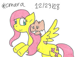 Size: 937x706 | Tagged: safe, artist:cmara, fluttershy (mlp), equine, fictional species, mammal, pegasus, pony, togepi, feral, friendship is magic, hasbro, my little pony, nintendo, pokémon, 2018, 2d, ambiguous gender, duo, female, flying, mare, signature, simple background, traditional art, ungulate, white background