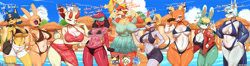 Size: 6346x1667 | Tagged: safe, artist:burgerkiss, ankha (animal crossing), audie (animal crossing), beau (animal crossing), cherry (animal crossing), coco (animal crossing), marshal (animal crossing), orville (animal crossing), petri (animal crossing), raymond (animal crossing), sasha (animal crossing), sherb (animal crossing), shino (animal crossing), whitney (animal crossing), bovid, canine, cat, cervid, deer, dog, feline, goat, lagomorph, mammal, mouse, rabbit, reindeer, rodent, wolf, anthro, animal crossing, animal crossing: new horizons, nintendo, 2023, alcohol, arm under breasts, armpits, bag, beach, bedroom eyes, belly button, bent over, big breasts, bikini, bikini bottom, bikini top, black bikini, black nose, black swimsuit, blue bikini, blue swimsuit, blushing, bottomwear, breasts, brown bikini, brown swimsuit, buckteeth, cap, champagne, champagne glass, clothes, container, detailed background, dialogue, digital art, doe, dominant, dominant female, dress, ears, eating, eyelashes, female, food, fur, glasses, hair, hand on hip, hat, headband, headwear, horns, hut, island, jacket, looking at you, looking away, male, murine, one eye closed, one-piece swimsuit, open mouth, popsicle, pose, red bikini, red swimsuit, rope, rule 63, sarong, short tail, shorts, size difference, speech bubble, submissive, submissive male, sunglasses, swimsuit, swirly eyes, tail, tail wag, talking, talking to viewer, teeth, text, thighs, this will end in snu snu, tired, tongue, tongue out, topwear, unamused, ungulate, vulgar, wet, wet clothes, wide hips