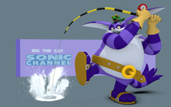 Size: 2880x1800 | Tagged: safe, artist:korey-sonicfan22, big the cat (sonic), froggy (sonic), amphibian, cat, feline, frog, mammal, anthro, sega, sonic channel, sonic the hedgehog (series), 2022, 3 toes, 3d, clothes, digital art, fishing rod, fur, gloves, high res, male, paws, purple body, purple fur, sandals, shoes, tail