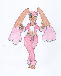 Size: 639x789 | Tagged: safe, artist:dragovian15, fictional species, lopunny, mammal, anthro, nintendo, pokémon, belly button, brown body, brown fur, clothes, crop top, female, fur, green eyes, hair, jacket, midriff, one eye closed, pants, pink hair, solo, solo female, tight clothing, topwear, wide hips, winking, yoga pants