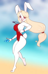 Size: 1554x2371 | Tagged: safe, artist:scorpdk, oc, oc only, oc:gabrielle (scorpdk), lagomorph, mammal, rabbit, anthro, plantigrade anthro, 2023, beach, blushing, bottomwear, breasts, clothes, detailed background, digital art, ears, eyelashes, female, fur, hair, one-piece swimsuit, open mouth, shorts, solo, solo female, swimsuit, tail, thighs, tongue, wide hips