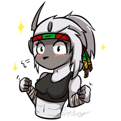 Size: 500x500 | Tagged: safe, artist:fredory, oc, absol, fictional species, mammal, nintendo, pokémon, abs, bandages, belly button, blushing, clothes, crop top, female, fighting tape, fur, gray body, gray fur, gray hair, green eyes, hair, headband, headwear, midriff, muscles, ponytail, solo, solo female, sports bra, topwear