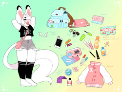 Size: 1028x777 | Tagged: species needed, suggestive, artist:slimeboys, anthro, nintendo, nintendo 3ds, arms behind head, backpack, bag, barefoot, belly button, big ears, big tail, black shirt, bottle, bottomwear, breath mints, candy, car keys, cell phone, character sheet, clothes, condom, container, crop top, cropped shirt, ears, femboy, fluff, food, fur, game console, gradient background, jacket, keys, leg warmers, legwear, letterman jacket, makeup, male, midriff, pastel, pen, phone, pink jacket, purse, short shorts, shorts, shoulder bag, smartphone, solo, solo male, stretching, tail, tail fluff, thick thighs, thigh highs, thighs, toeless legwear, topwear, wallet, white body, white fur, wide hips, yawning