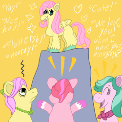Size: 1500x1500 | Tagged: safe, artist:mintwhistle, dahlia (mlp g5), fluttershy (mlp), posey (mlp g5), windy (mlp g5), earth pony, equine, fictional species, mammal, pegasus, pony, friendship is magic, hasbro, my little pony, my little pony g5, spoiler:my little pony g5, annoyed, bow, cheering, clothes, coat markings, colored, colored hooves, disguise, emanata, evil grin, eyes closed, female, flat colors, folded wings, generation leap, grin, group, hair bow, heart, hooves, jewelry, mare, medibang paint, necklace, newbie artist training grounds, open mouth, open smile, scarf, simple background, smiling, smug, socks (coat markings), sparkles, unamused, unshorn fetlocks, wings, yellow background