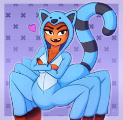 Size: 2050x2000 | Tagged: safe, artist:a-rinray, ms. tarantula (the bad guys), arachnid, arthropod, spider, tarantula, anthro, taur, dreamworks animation, the bad guys, 2022, abstract background, cat costume, clothes, costume, crossed arms, digital art, drider, female, front view, gap teeth, heart, looking at you, multiple legs, multiple limbs, open mouth, solo, solo female, teeth