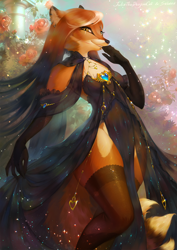 Size: 848x1200 | Tagged: safe, artist:juliathedragoncat, artist:sabara, collaboration, canine, fox, mammal, anthro, bottomwear, breasts, clothes, dress, ear piercing, female, flower, gloves, hair, jewelry, legwear, lip piercing, long gloves, looking at you, multicolored hair, multiple tails, outdoors, piercing, plant, see-through, side slit, smiling, smiling at you, solo, solo female, stockings, tail, thigh highs, total sideslit, two toned hair