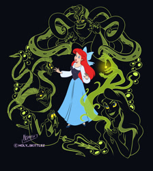 Size: 1024x1143 | Tagged: safe, artist:nippy13, part of a set, ariel (the little mermaid), ursula (the little mermaid), eel, fictional species, fish, human, mammal, mollusk, octopus, feral, humanoid, disney, the little mermaid (disney), alternate species, blue bow, blue dress, bow, cecaelia, crown, disguise, female, group, hair, headwear, humanized, jewelry, male, necklace, nightmare, on model, red hair, regalia, seashell, species swap, tentacles, triton, vanessa (the little mermaid)