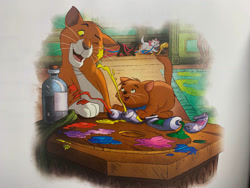 Size: 1032x774 | Tagged: safe, artist:yingcartoonman, berlioz (the aristocats), marie (the aristocats), thomas o'malley (the aristocats), toulouse (the aristocats), cat, feline, mammal, feral, disney, the aristocats, blue bow, colored, female, fur, group, kitten, male, orange body, orange fur, paint, paint stains, painter, painting, table, young