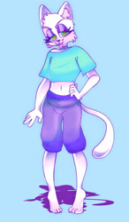 Size: 827x1420 | Tagged: safe, artist:faerydollie, oc, oc only, cat, feline, mammal, anthro, belly button, blue background, blue shirt, bottomwear, cat ears, cat tail, clothes, commission, crop top, cropped shirt, eyelashes, femboy, fur, green eyes, hand on hip, male, midriff, pants, simple background, solo, solo male, tongue, tongue out, topwear, white body, white fur