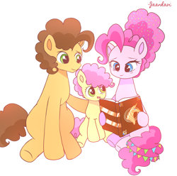 Size: 2439x2423 | Tagged: safe, artist:jaanhavi, cheese sandwich (mlp), lil' cheese (mlp), pinkie pie (mlp), earth pony, equine, fictional species, mammal, pony, friendship is magic, hasbro, my little pony, book, cheesepie (mlp), colt, family, father, father and child, father and son, female, foal, group, high res, holding, hoof hold, hooves, male, male/female, mare, mother, mother and child, mother and son, older, shipping, signature, simple background, sitting, son, stallion, trio, white background, young