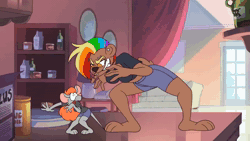 Size: 1280x720 | Tagged: safe, artist:kinkeager, oc, oc:amanda (mattythemouse), oc:ember mccleod, bear, mammal, mouse, rodent, anthro, tom and jerry, 2d, 2d animation, afraid, animated, barefoot, belly button, big breasts, big butt, bottomwear, breasts, buckteeth, butt, clothes, couch, duo, ear piercing, evil grin, expansion, explosion, eyes closed, facial piercing, feet, female, gigantic, green eyes, grin, hair, kitchen, lip piercing, long hair, looking at each other, looking at you, micro, mohawk, open mouth, open smile, parody, piercing, pointing, punching, rainbow hair, red hair, running, screaming, shorts, shrinking, smiling, smiling at you, soles, surprised, table, tears of pain, teeth, thick thighs, thighs, toes, transformation, wide hips