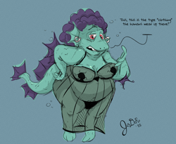 Size: 1672x1372 | Tagged: suggestive, artist:jodero, daniela paguro (luca), fictional species, monster, sea monster, anthro, disney, luca (pixar), pixar, big breasts, breasts, bubbles, cleavage, clothes, dialogue, doodle, ear piercing, earring, female, lingerie, mature, mature female, nightgown, panties, piercing, red eyes, signature, solo, solo female, tail, talking, underwater, underwear, water