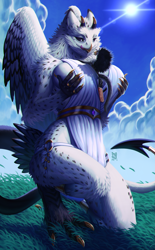 Size: 1513x2435 | Tagged: safe, artist:riorix, bird, feline, fictional species, gryphon, mammal, anthro, absolute cleavage, beak, between breasts, breasts, cleavage, female, huge breasts, kneeling, licking, licking lips, macro, male, male/female, size difference, tail, tongue, tongue out, wings