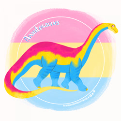 Size: 1280x1280 | Tagged: safe, artist:acissej, apatosaurus, dinosaur, sauropod, feral, 2d, ambiguous gender, flag, pansexual pride flag, pride flag, smiling, solo, solo ambiguous, walking