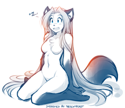 Size: 1477x1280 | Tagged: suggestive, artist:twokinds, laura (twokinds), fictional species, keidran, mammal, anthro, twokinds, breasts, chest fluff, fangs, featureless breasts, featureless crotch, female, fluff, fur, hair, monochrome, nudity, open mouth, sharp teeth, simple background, sitting, solo, solo female, tail, tail fluff, talking, teeth, white background
