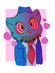 Size: 1024x1364 | Tagged: safe, artist:moozua, fritz the cat (fritz the cat), cat, feline, mammal, anthro, fritz the cat, border, clothes, drugs, hanging, high, looking at you, male, marijuana, necktie, smiling, smoke, smoking, smoking weed, solo, solo male, swirly eyes, white border