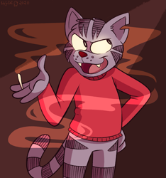 Size: 1171x1250 | Tagged: safe, artist:rolyjulioli, fritz the cat (fritz the cat), cat, feline, mammal, anthro, fritz the cat, 2020, bottomless, clothes, fangs, fur, glowing, glowing eyes, hand on hip, male, nudity, open mouth, open smile, partial nudity, sharp teeth, smiling, smoke, smoking, solo, solo male, striped fur, sweater, tail, teeth, topwear